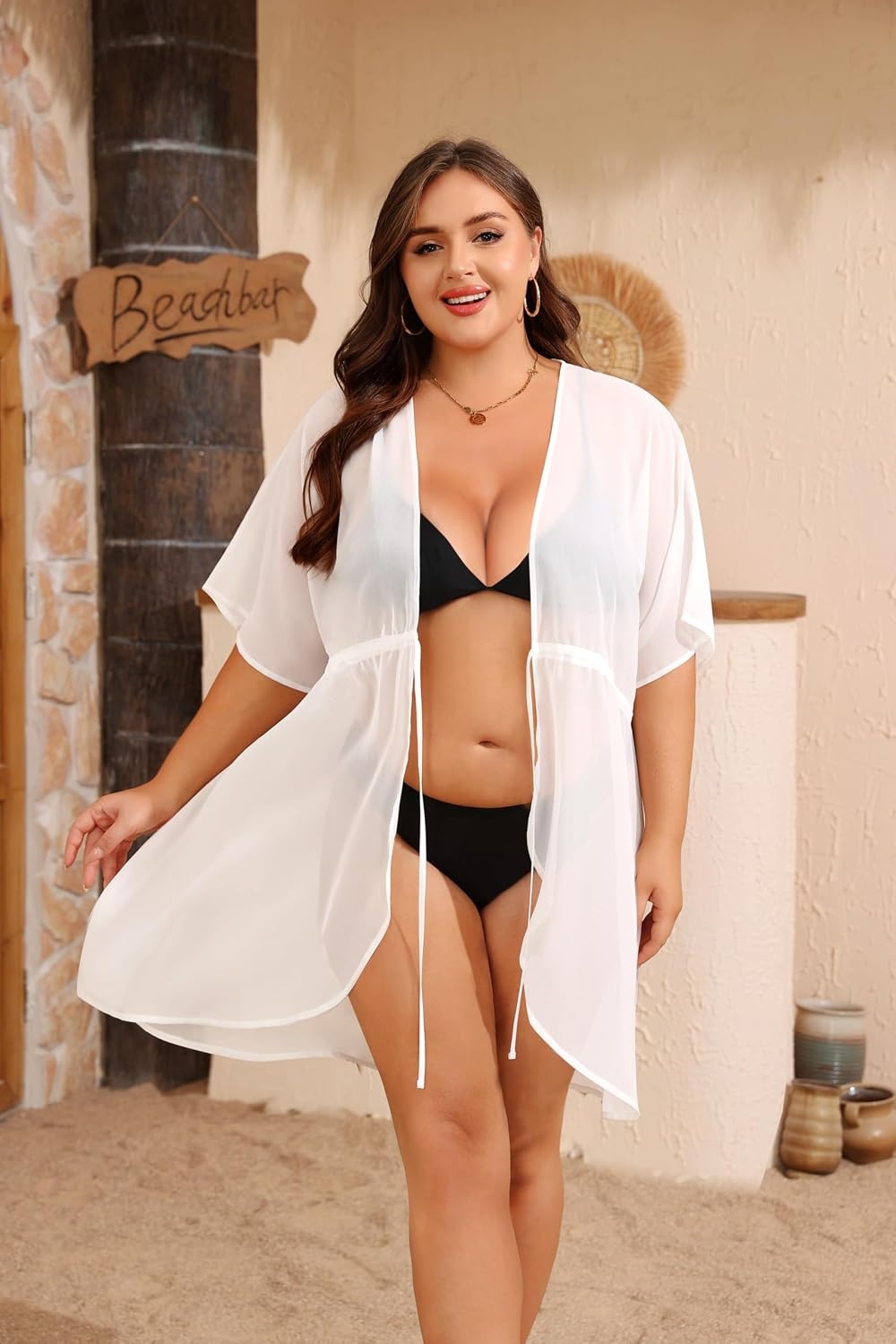 image:imageSWOMOG Plus Size Swimsuit Cover Up Women Chiffon Kimono Bikini Coverups Cardigan Open Front Summer Beachwear SwimwearWhite
