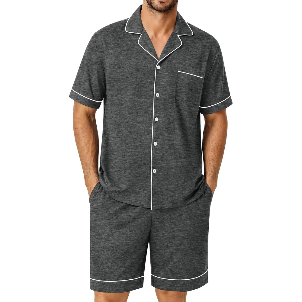 image:imageSWOMOG 100 Cotton Mens Pajama Set Short Sleeve Sleepwear Button Down Loungewear 2 PCS Cotton Pjs Set with PocketsDeep Grey