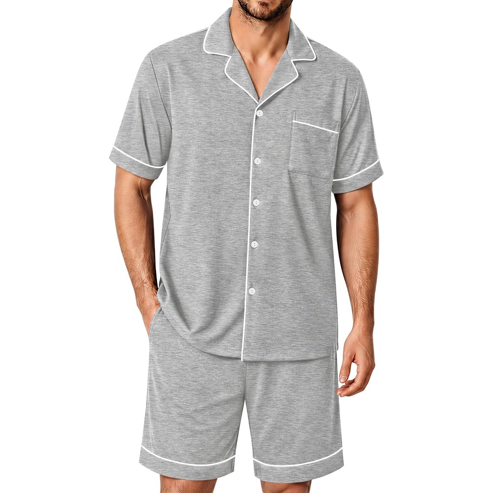 image:imageSWOMOG 100 Cotton Mens Pajama Set Short Sleeve Sleepwear Button Down Loungewear 2 PCS Cotton Pjs Set with PocketsGrey