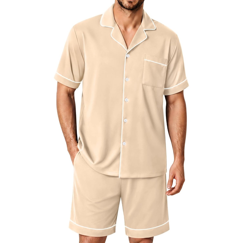 image:imageSWOMOG 100 Cotton Mens Pajama Set Short Sleeve Sleepwear Button Down Loungewear 2 PCS Cotton Pjs Set with PocketsKhaki