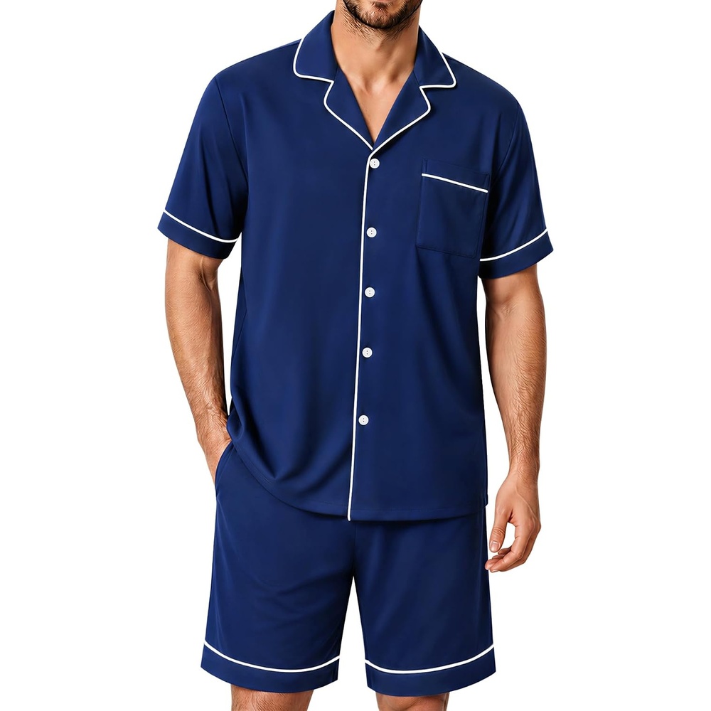 image:imageSWOMOG 100 Cotton Mens Pajama Set Short Sleeve Sleepwear Button Down Loungewear 2 PCS Cotton Pjs Set with PocketsNavy Blue