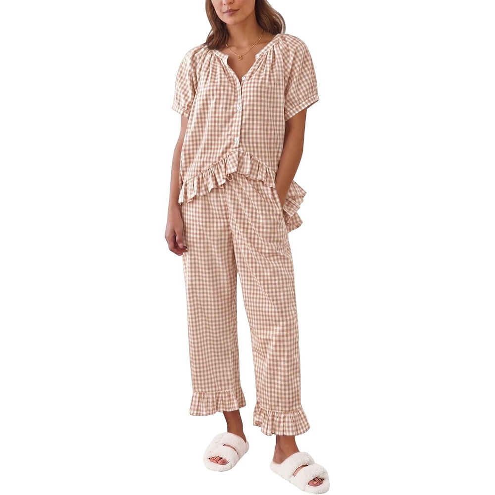image:imageSWOMOG Cotton Pajamas For Women Set Gingham 2 Piece Button Down Puff Sleeve Babydoll Shirt Ruffle Pants Stripe Pjs Lounge SetBrown Stripe