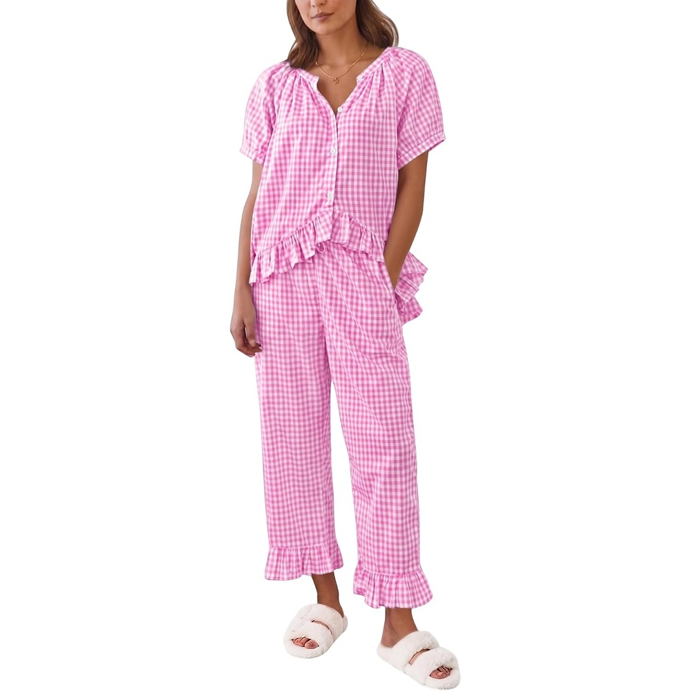 image:imageSWOMOG Cotton Pajamas For Women Set Gingham 2 Piece Button Down Puff Sleeve Babydoll Shirt Ruffle Pants Stripe Pjs Lounge SetPink Gingham