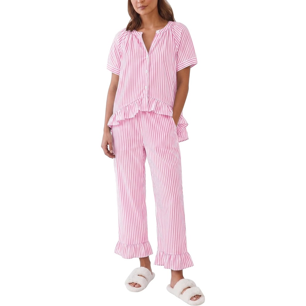 image:imageSWOMOG Cotton Pajamas For Women Set Gingham 2 Piece Button Down Puff Sleeve Babydoll Shirt Ruffle Pants Stripe Pjs Lounge SetPink Stripe