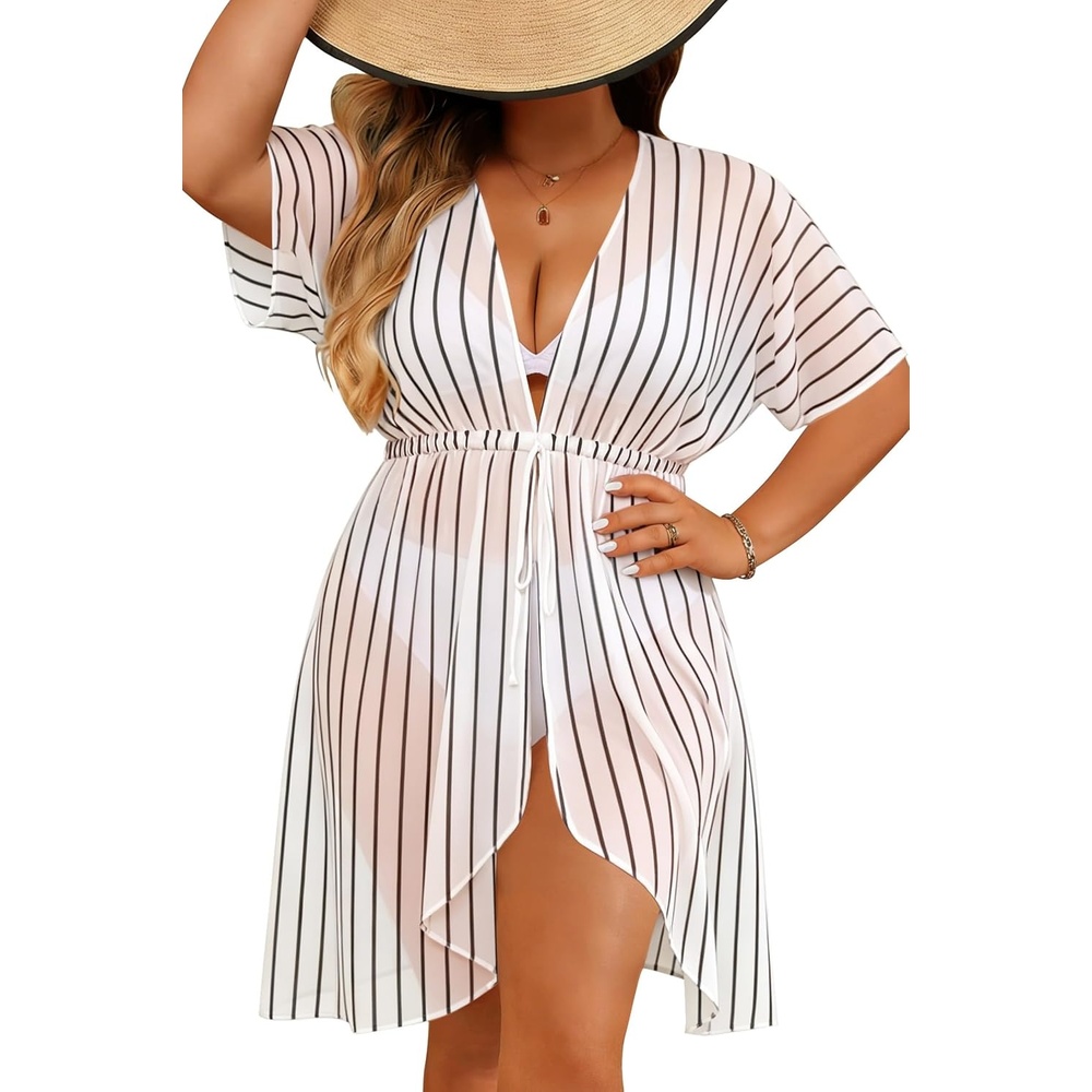 image:imageSWOMOG Plus Size Swimsuit Cover Up Women Chiffon Kimono Bikini Coverups Cardigan Open Front Summer Beachwear SwimwearWhite Stripes