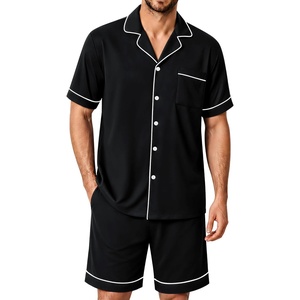 SWOMOG 100% Cotton Mens Pajama Set Short Sleeve Sleepwear Button Down Loungewear 2 PCS Cotton Pjs Set with Pockets(Black)