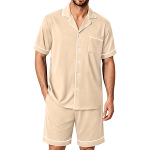 SWOMOG 100% Cotton Mens Pajama Set Short Sleeve Sleepwear Button Down Loungewear 2 PCS Cotton Pjs Set with Pockets(Khaki)