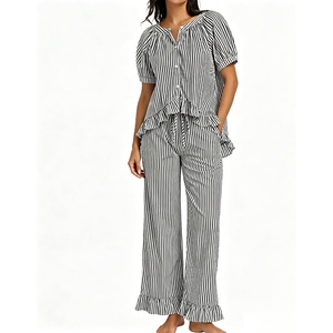 SWOMOG Cotton Pajamas For Women Set Gingham 2 Piece Button Down Puff Sleeve Babydoll Shirt Ruffle Pants Stripe Pjs Lounge Set(Black Stripe)
