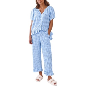 SWOMOG Cotton Pajamas For Women Set Gingham 2 Piece Button Down Puff Sleeve Babydoll Shirt Ruffle Pants Stripe Pjs Lounge Set(Blue Gingham)