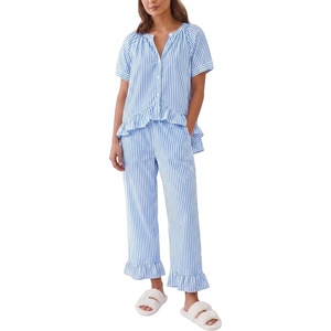 SWOMOG Cotton Pajamas For Women Set Gingham 2 Piece Button Down Puff Sleeve Babydoll Shirt Ruffle Pants Stripe Pjs Lounge Set(Blue Stripe)