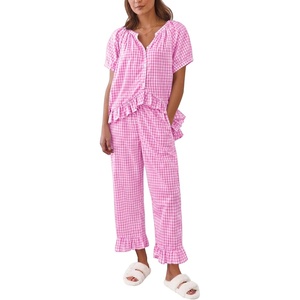 SWOMOG Cotton Pajamas For Women Set Gingham 2 Piece Button Down Puff Sleeve Babydoll Shirt Ruffle Pants Stripe Pjs Lounge Set(Pink Gingham)