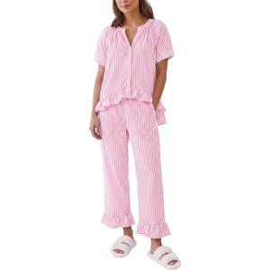 SWOMOG Cotton Pajamas For Women Set Gingham 2 Piece Button Down Puff Sleeve Babydoll Shirt Ruffle Pants Stripe Pjs Lounge Set(Pink Stripe)