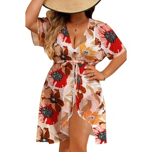 SWOMOG Plus Size Swimsuit Cover Up Women Chiffon Kimono Bikini Coverups Cardigan Open Front Summer Beachwear Swimwear(Colorful Flowers)