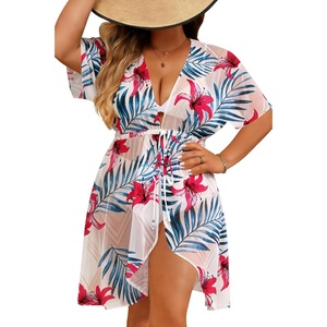 SWOMOG Plus Size Swimsuit Cover Up Women Chiffon Kimono Bikini Coverups Cardigan Open Front Summer Beachwear Swimwear(Red Leaves)