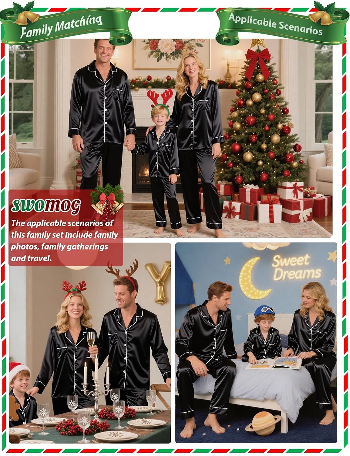 image:imageSWOMOG Family Matching Pajamas Set Silk Satin Button Down Sleepwear Long Sleeve Nightwear 2 Pcs Pj Set SXXLBlack