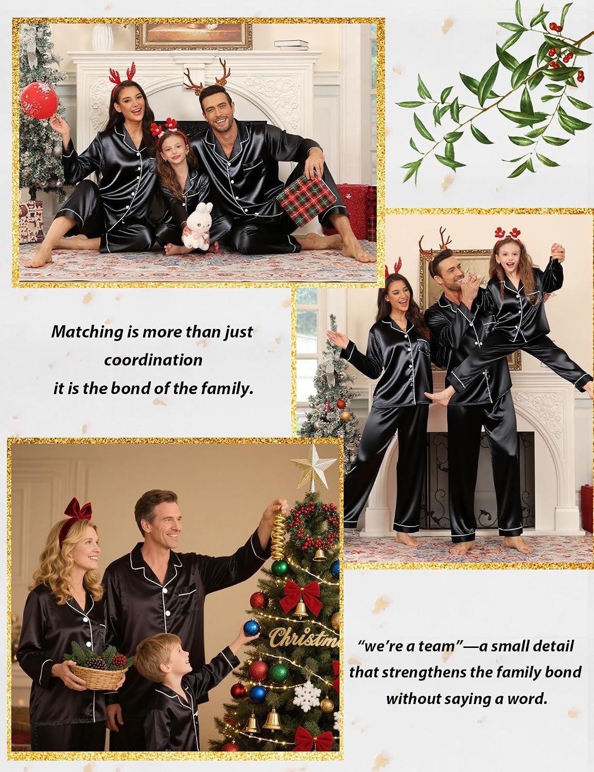 image:imageSWOMOG Family Matching Pajamas Set Silk Satin Button Down Sleepwear Long Sleeve Nightwear 2 Pcs Pj Set SXXLBlack