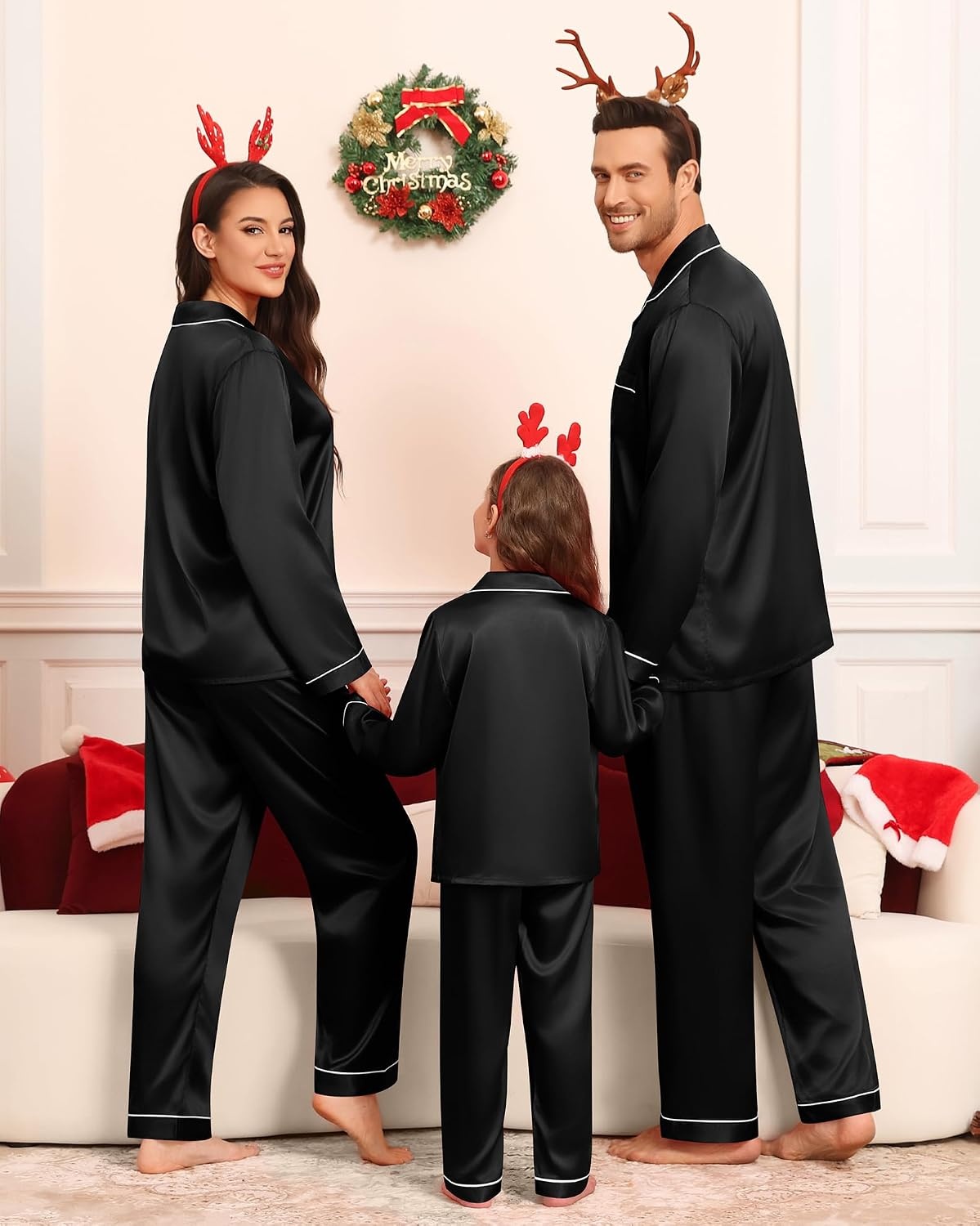 image:imageSWOMOG Family Matching Pajamas Set Silk Satin Button Down Sleepwear Long Sleeve Nightwear 2 Pcs Pj Set SXXLBlack