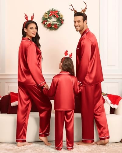 image:imageSWOMOG Family Matching Pajamas Set Silk Satin Button Down Sleepwear Long Sleeve Nightwear 2 Pcs Pj Set SXXLCherry Red