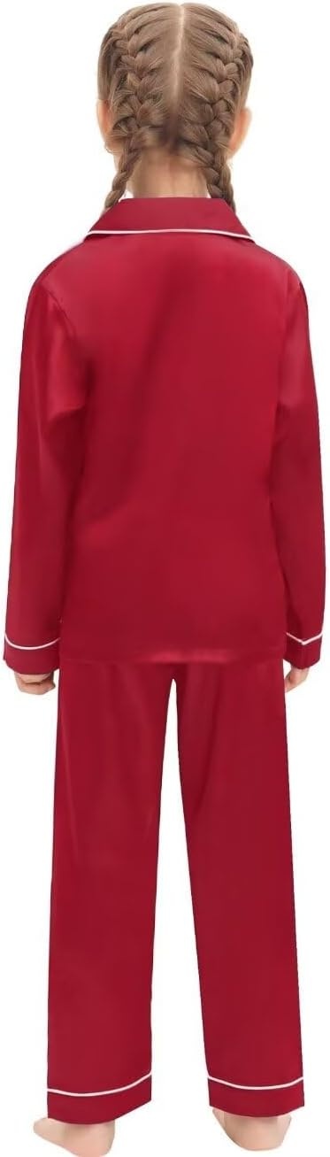 image:imageSWOMOG Family Matching Pajamas Set Silk Satin Button Down Sleepwear Long Sleeve Nightwear 2 Pcs Pj Set SXXLCherry Red