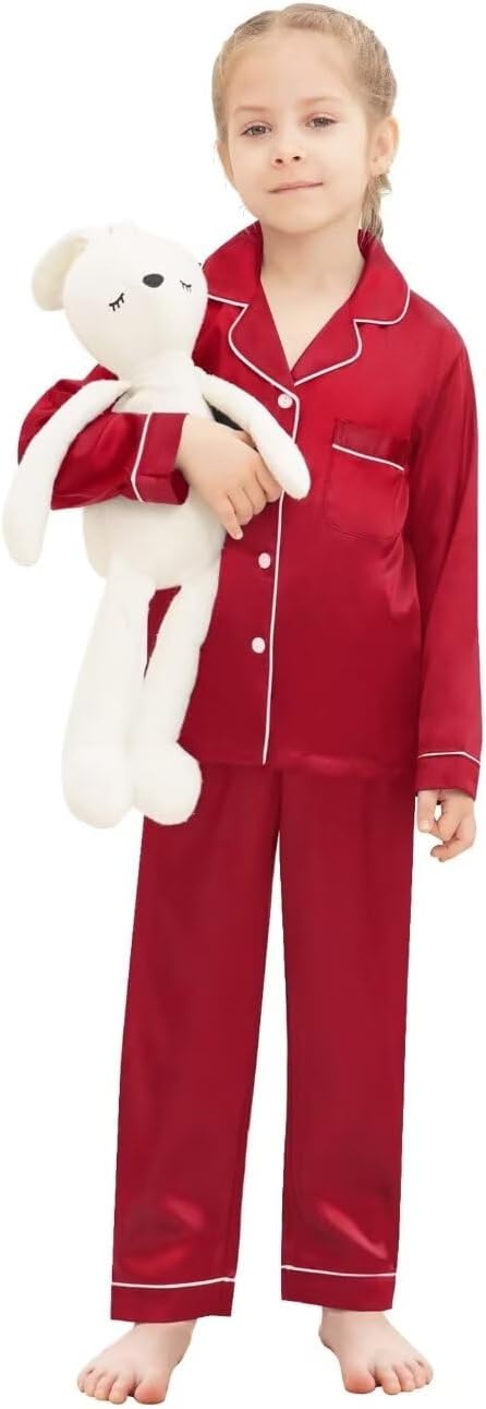 image:imageSWOMOG Family Matching Pajamas Set Silk Satin Button Down Sleepwear Long Sleeve Nightwear 2 Pcs Pj Set SXXLCherry Red