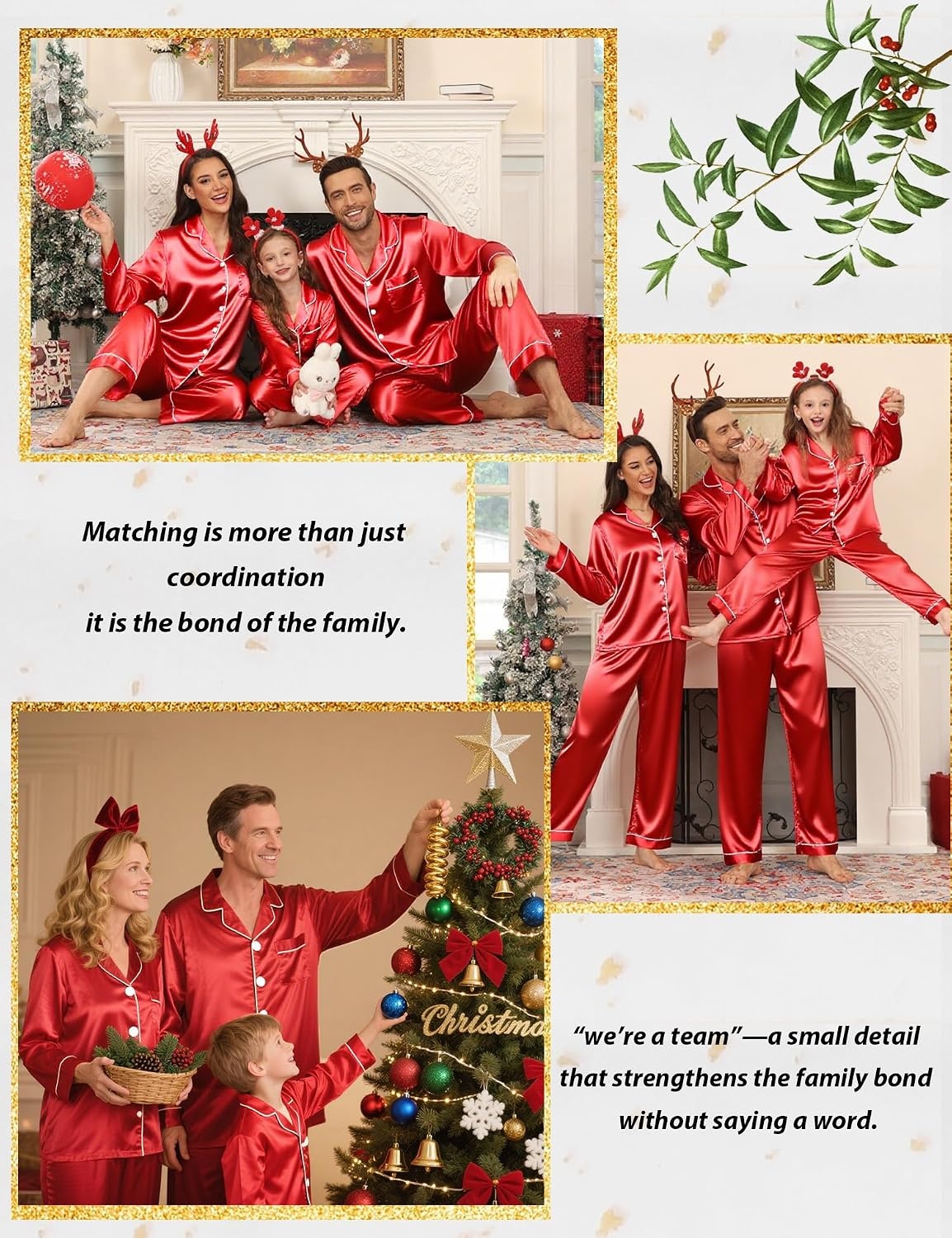 image:imageSWOMOG Family Matching Pajamas Set Silk Satin Button Down Sleepwear Long Sleeve Nightwear 2 Pcs Pj Set SXXLCherry Red