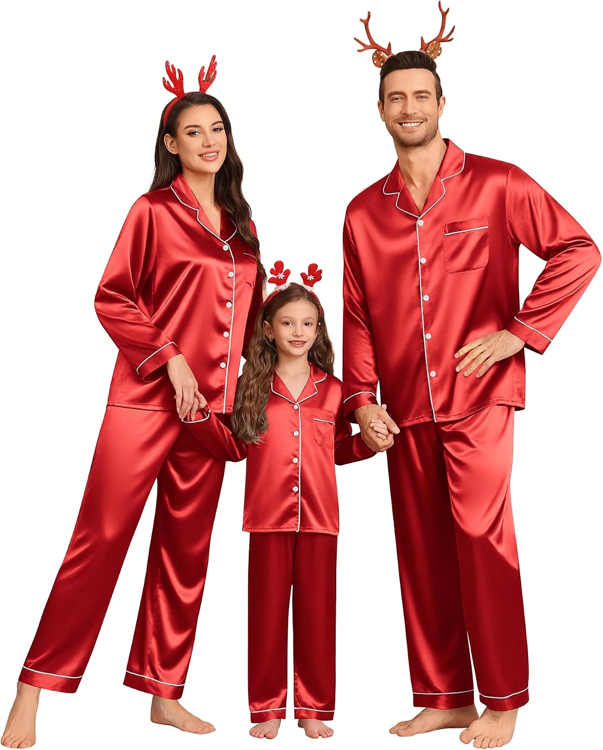image:imageSWOMOG Family Matching Pajamas Set Silk Satin Button Down Sleepwear Long Sleeve Nightwear 2 Pcs Pj Set SXXLCherry Red