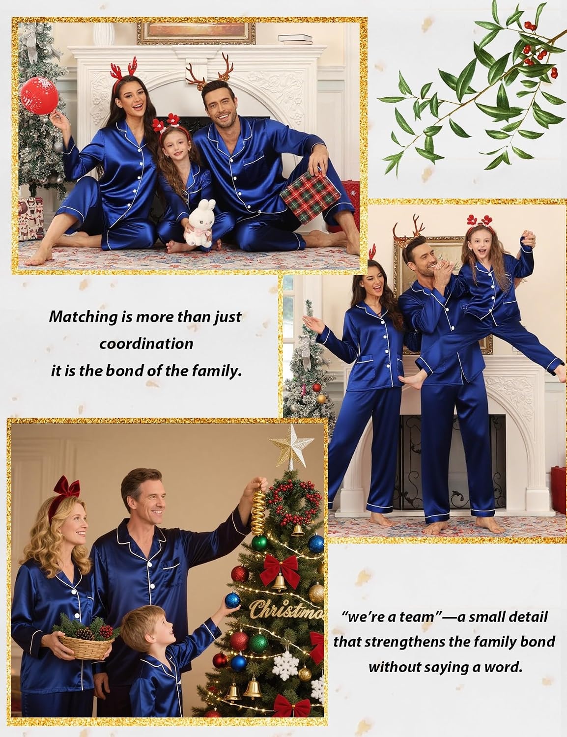 image:imageSWOMOG Family Matching Pajamas Set Silk Satin Button Down Sleepwear Long Sleeve Nightwear 2 Pcs Pj Set SXXLNavy Blue