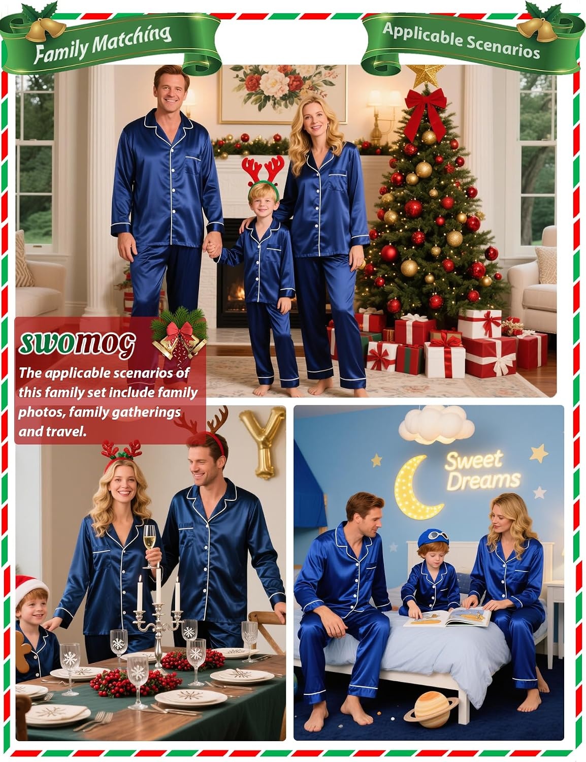 image:imageSWOMOG Family Matching Pajamas Set Silk Satin Button Down Sleepwear Long Sleeve Nightwear 2 Pcs Pj Set SXXLNavy Blue