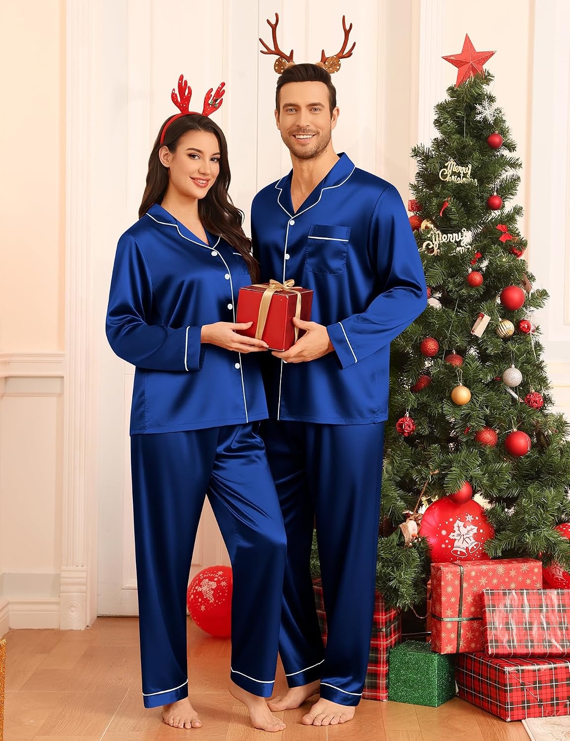 image:imageSWOMOG Family Matching Pajamas Set Silk Satin Button Down Sleepwear Long Sleeve Nightwear 2 Pcs Pj Set SXXLNavy Blue