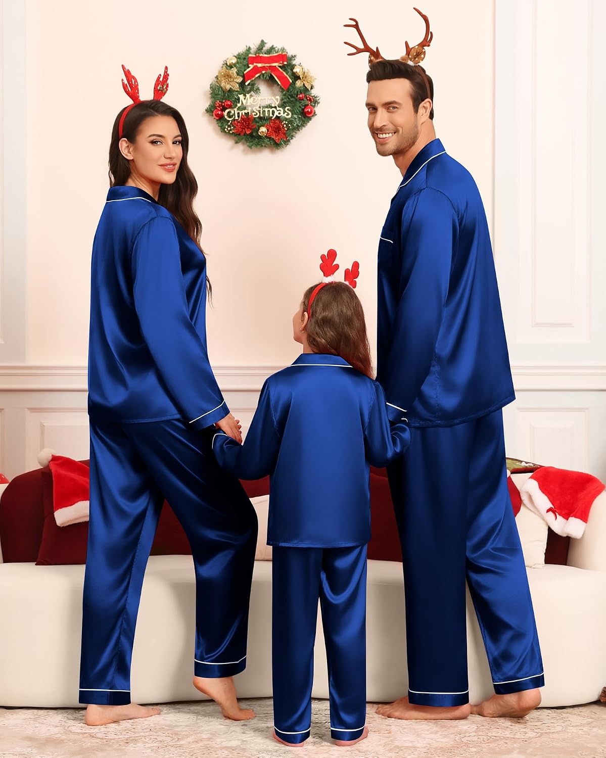 image:imageSWOMOG Family Matching Pajamas Set Silk Satin Button Down Sleepwear Long Sleeve Nightwear 2 Pcs Pj Set SXXLNavy Blue