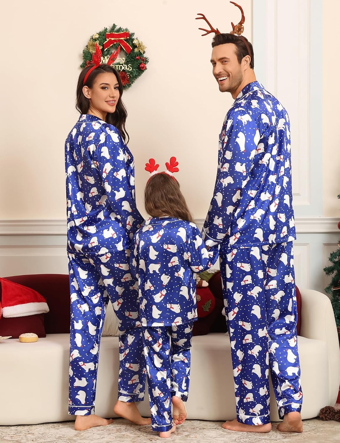 image:imageSWOMOG Family Matching Pajamas Set Silk Satin Button Down Sleepwear Long Sleeve Nightwear 2 Pcs Pj Set SXXLPolar Bear