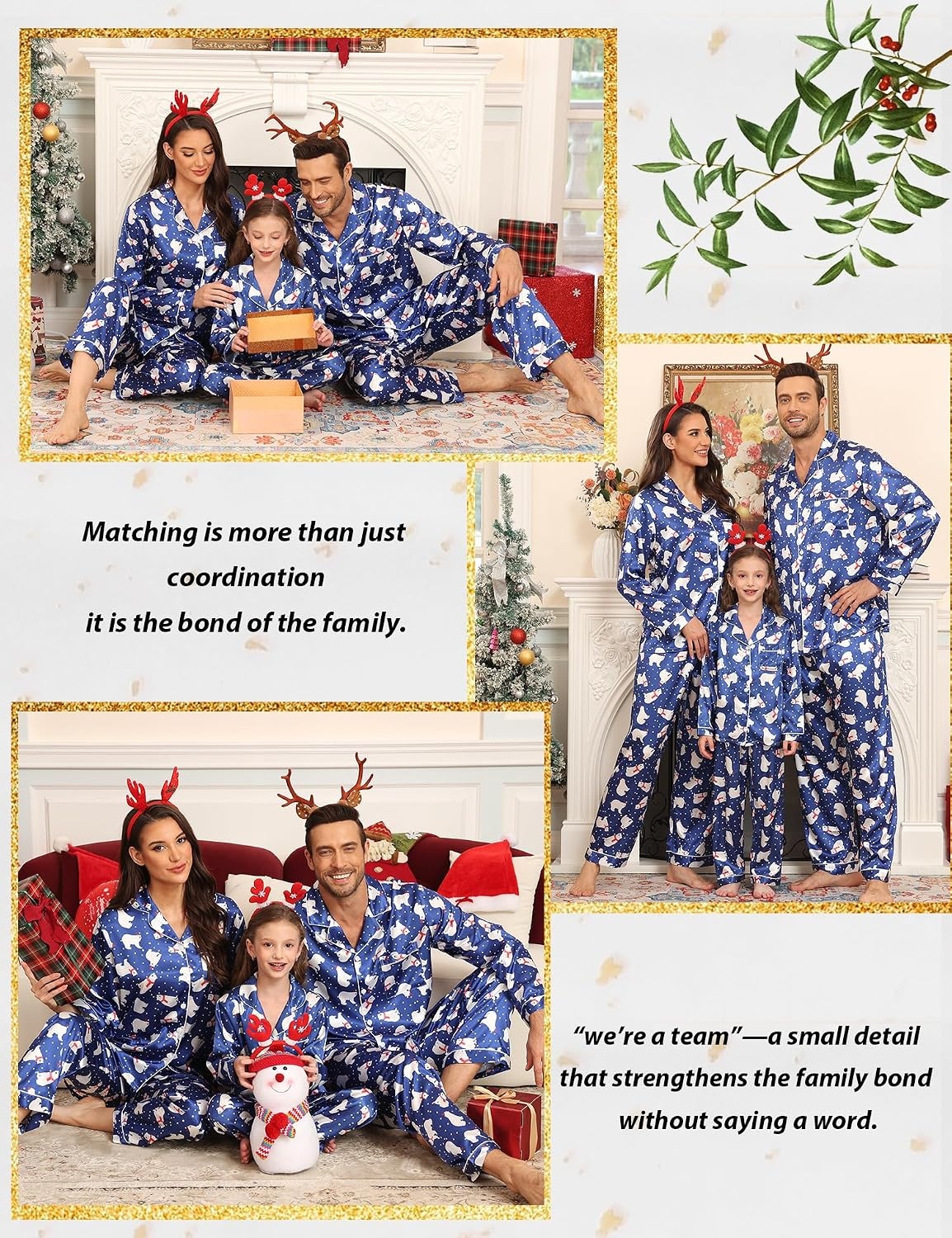 image:imageSWOMOG Family Matching Pajamas Set Silk Satin Button Down Sleepwear Long Sleeve Nightwear 2 Pcs Pj Set SXXLPolar Bear