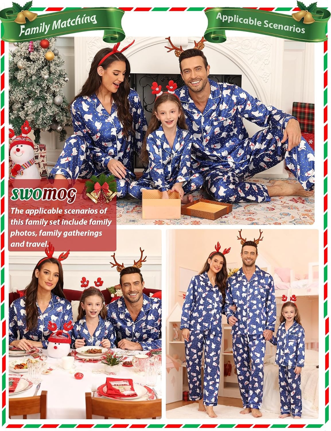 image:imageSWOMOG Family Matching Pajamas Set Silk Satin Button Down Sleepwear Long Sleeve Nightwear 2 Pcs Pj Set SXXLPolar Bear