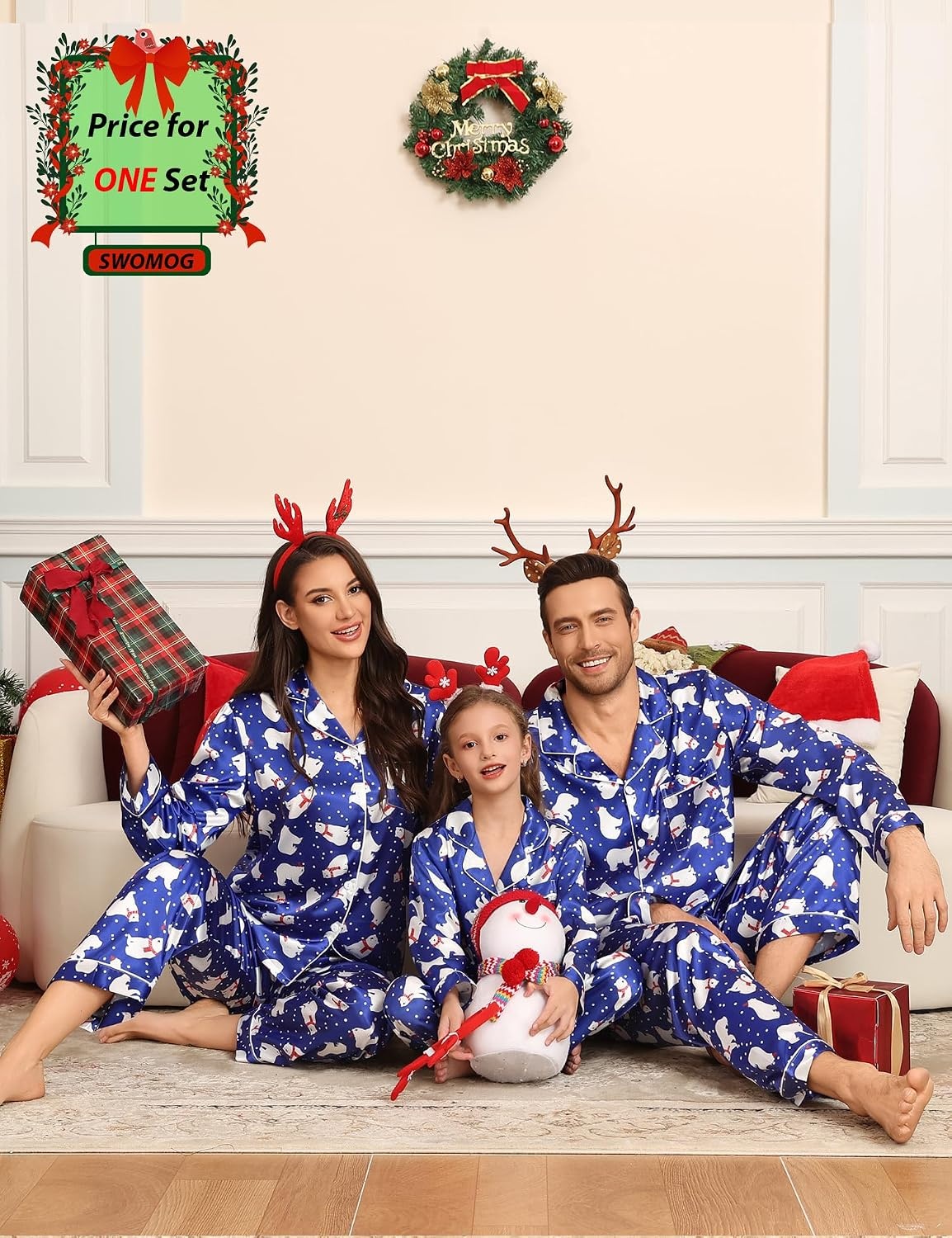 image:imageSWOMOG Family Matching Pajamas Set Silk Satin Button Down Sleepwear Long Sleeve Nightwear 2 Pcs Pj Set SXXLPolar Bear