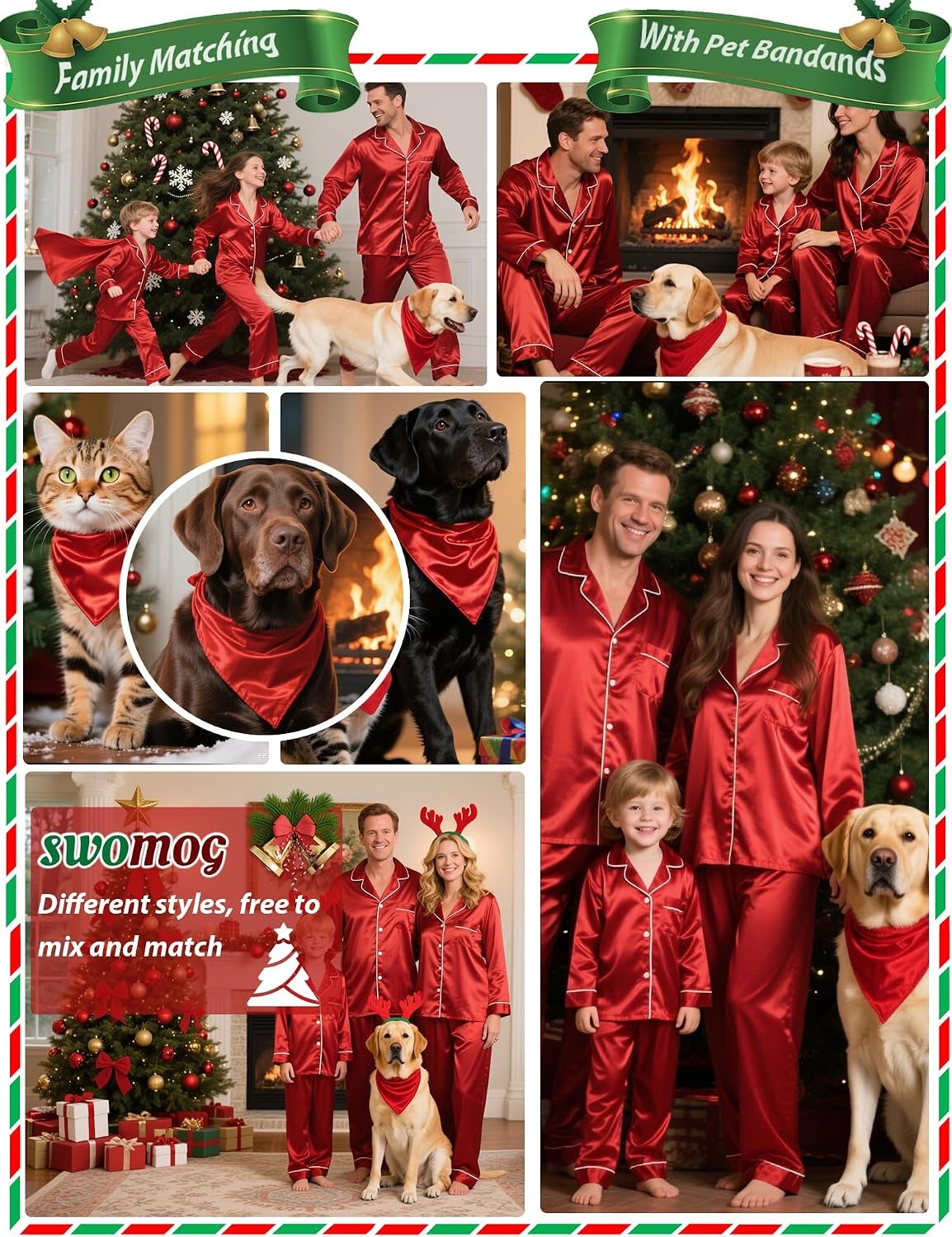image:imageSWOMOG Family Matching Pajamas Set Silk Satin Button Down Sleepwear Long Sleeve Nightwear 2 Pcs Pj Set SXXLRed