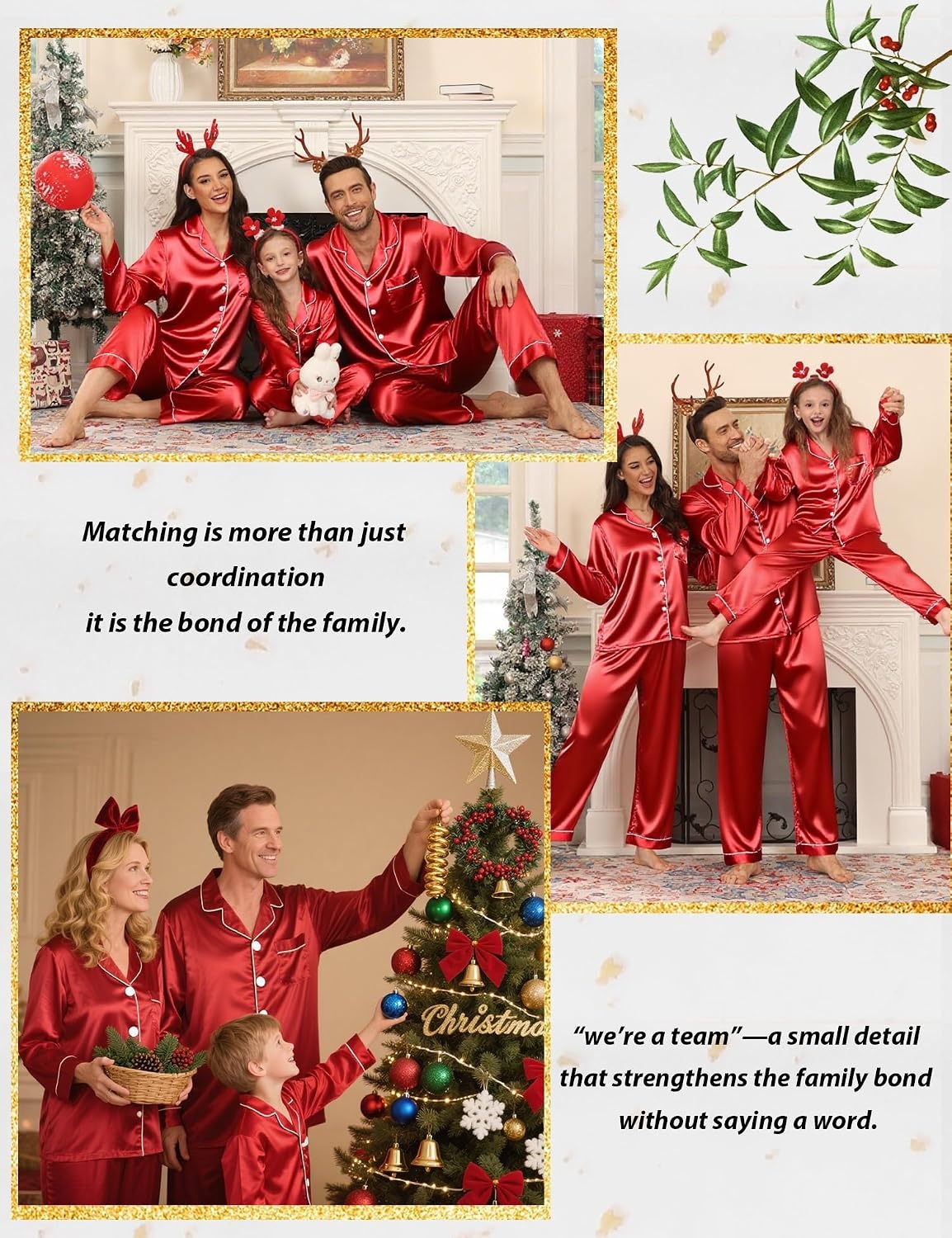 image:imageSWOMOG Family Matching Pajamas Set Silk Satin Button Down Sleepwear Long Sleeve Nightwear 2 Pcs Pj Set SXXLRed