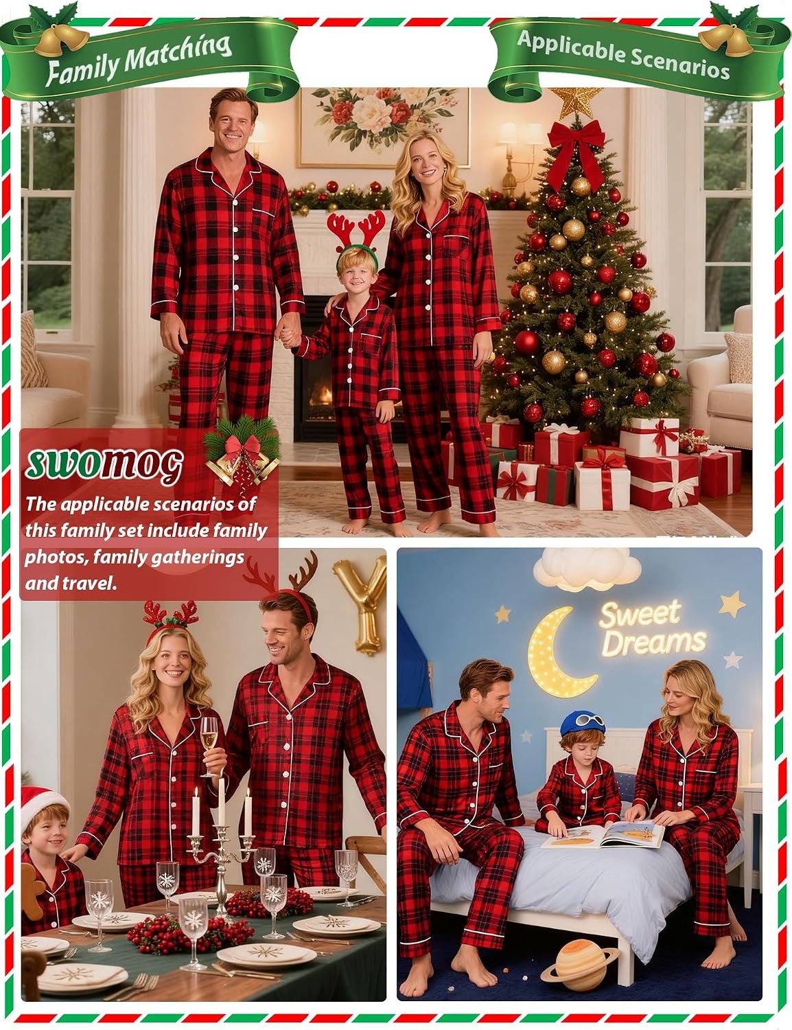 image:imageSWOMOG Family Matching Pajamas Set Silk Satin Button Down Sleepwear Long Sleeve Nightwear 2 Pcs Pj Set SXXLRed With Black Grid