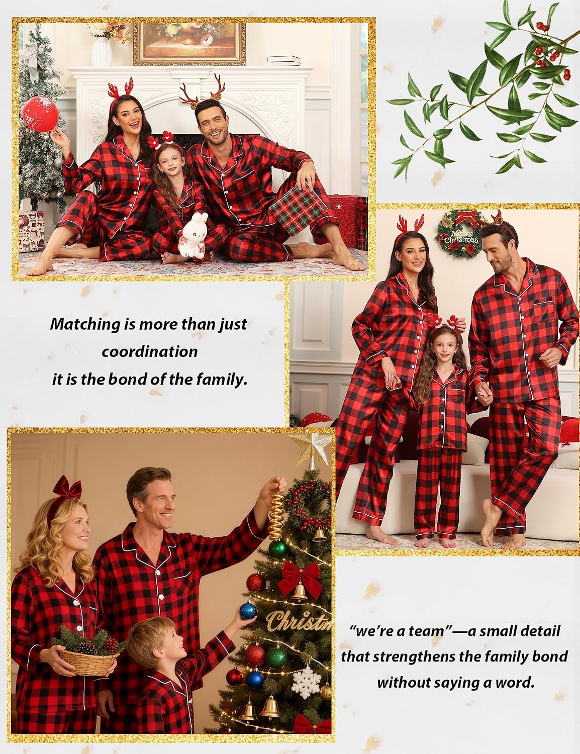 image:imageSWOMOG Family Matching Pajamas Set Silk Satin Button Down Sleepwear Long Sleeve Nightwear 2 Pcs Pj Set SXXLRed With Black Grid