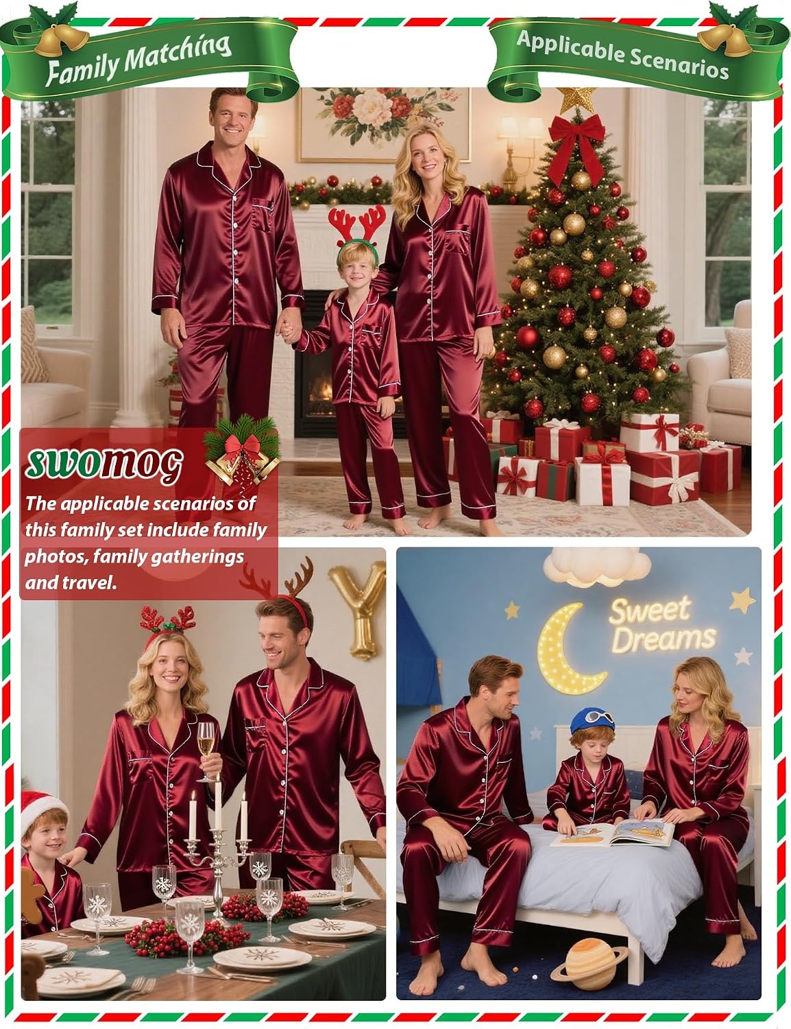 image:imageSWOMOG Family Matching Pajamas Set Silk Satin Button Down Sleepwear Long Sleeve Nightwear 2 Pcs Pj Set SXXLWine Red