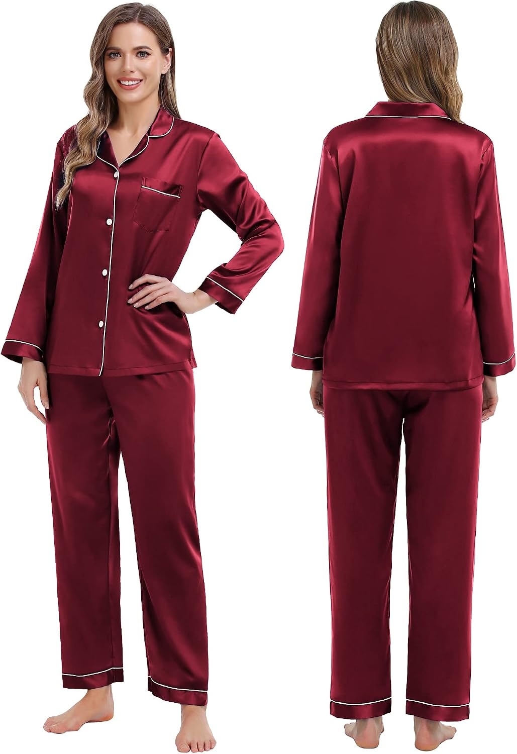 image:imageSWOMOG Family Matching Pajamas Set Silk Satin Button Down Sleepwear Long Sleeve Nightwear 2 Pcs Pj Set SXXLWine Red