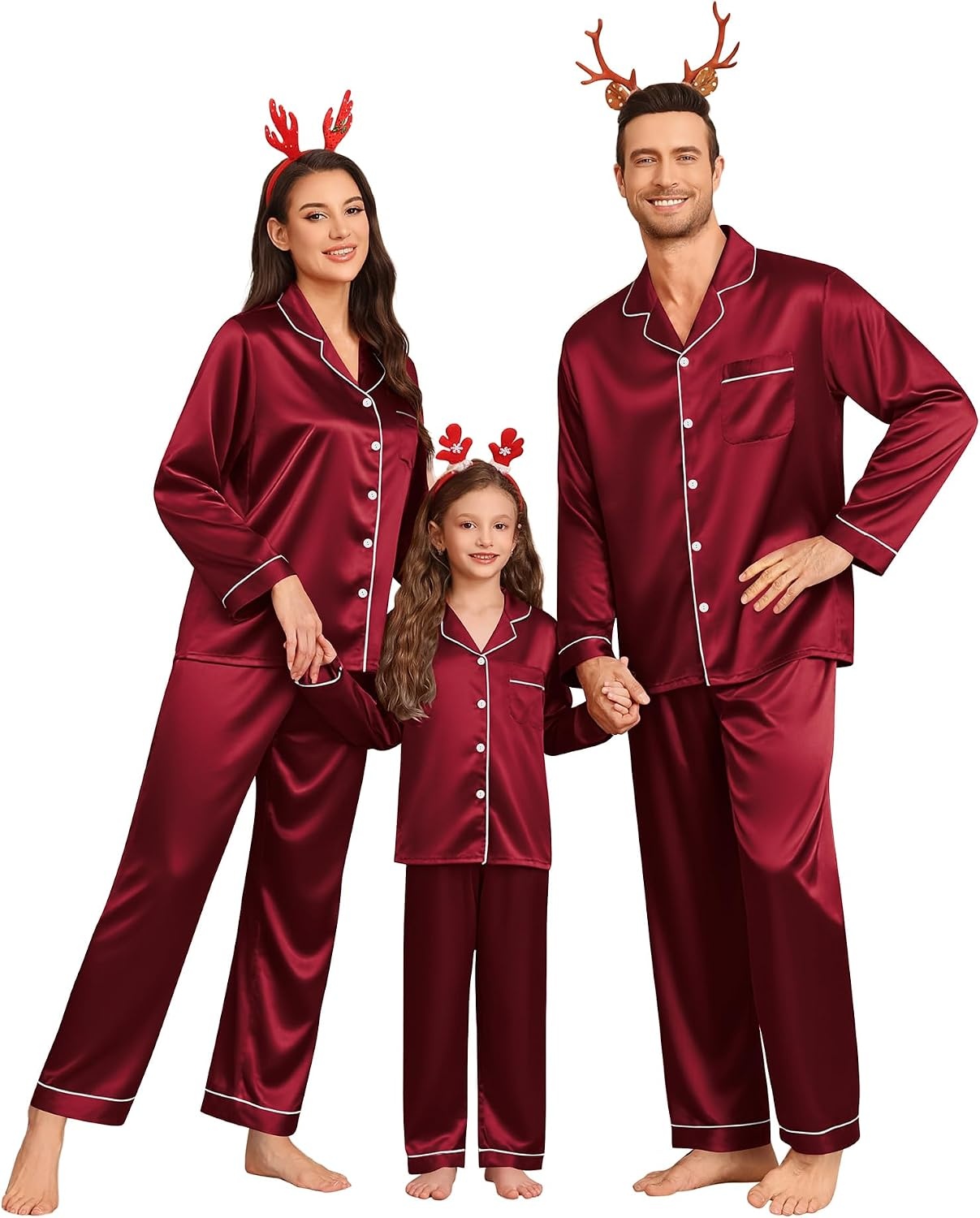 image:imageSWOMOG Family Matching Pajamas Set Silk Satin Button Down Sleepwear Long Sleeve Nightwear 2 Pcs Pj Set SXXLWine Red