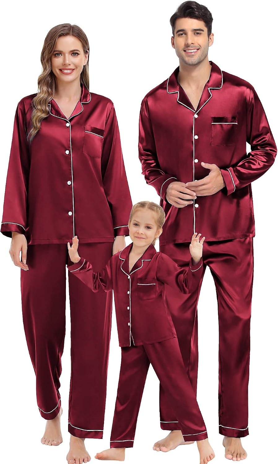 image:imageSWOMOG Family Matching Pajamas Set Silk Satin Button Down Sleepwear Long Sleeve Nightwear 2 Pcs Pj Set SXXLWine Red