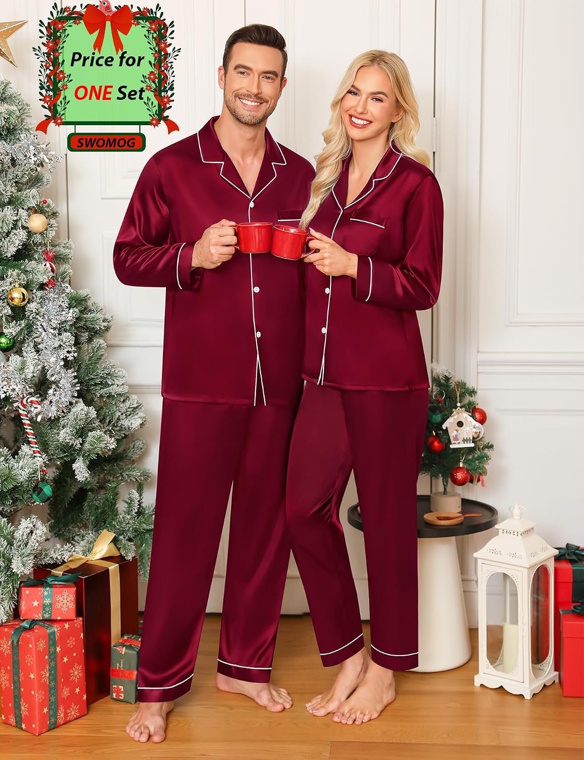 image:imageSWOMOG Family Matching Pajamas Set Silk Satin Button Down Sleepwear Long Sleeve Nightwear 2 Pcs Pj Set SXXLWine Red