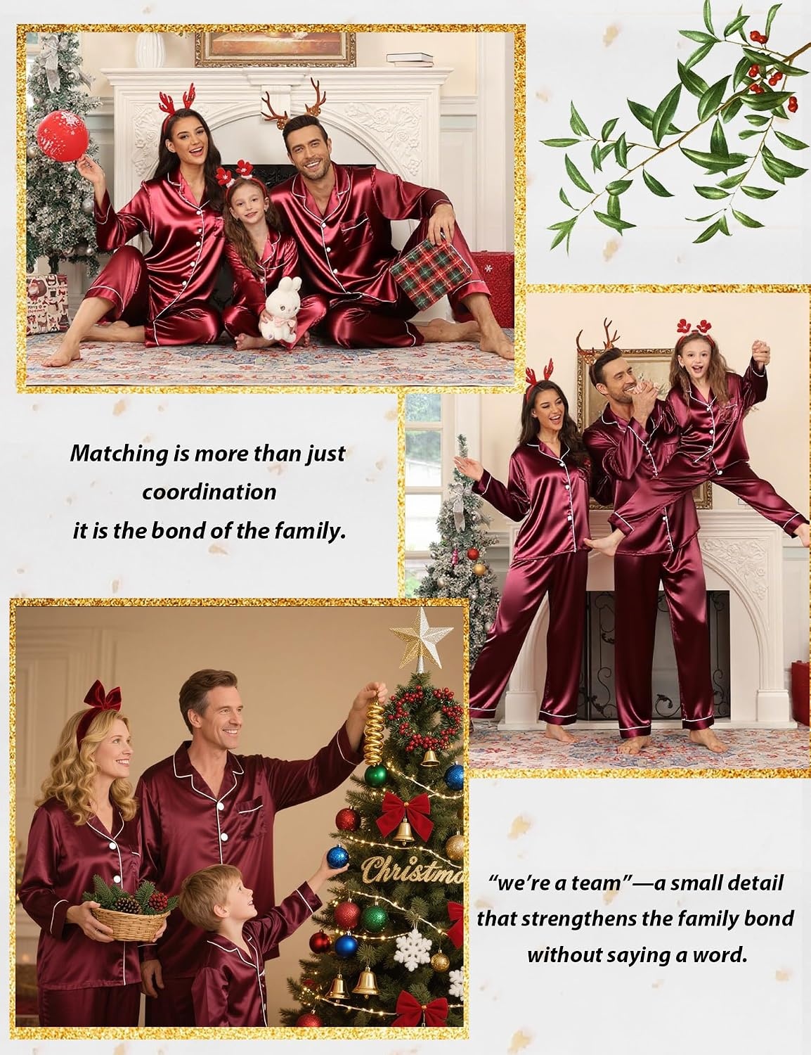 image:imageSWOMOG Family Matching Pajamas Set Silk Satin Button Down Sleepwear Long Sleeve Nightwear 2 Pcs Pj Set SXXLWine Red