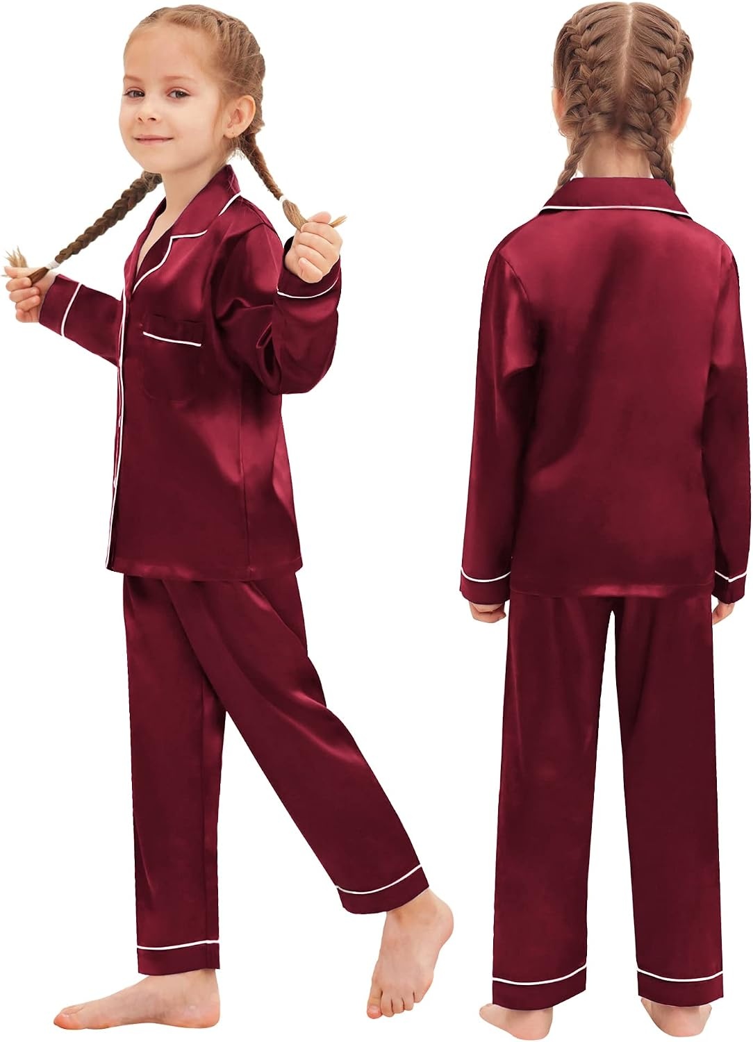 image:imageSWOMOG Family Matching Pajamas Set Silk Satin Button Down Sleepwear Long Sleeve Nightwear 2 Pcs Pj Set SXXLWine Red