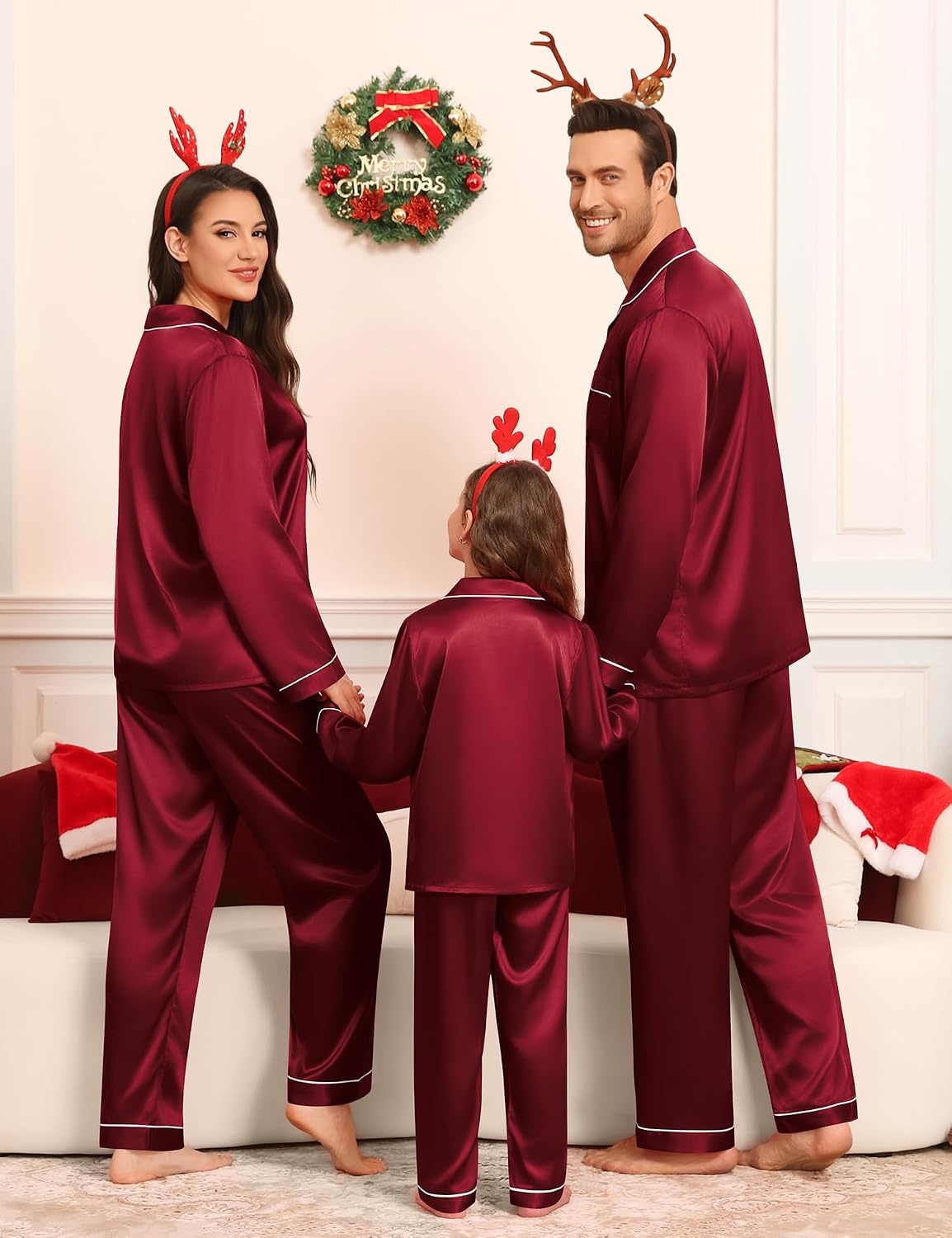 image:imageSWOMOG Family Matching Pajamas Set Silk Satin Button Down Sleepwear Long Sleeve Nightwear 2 Pcs Pj Set SXXLWine Red