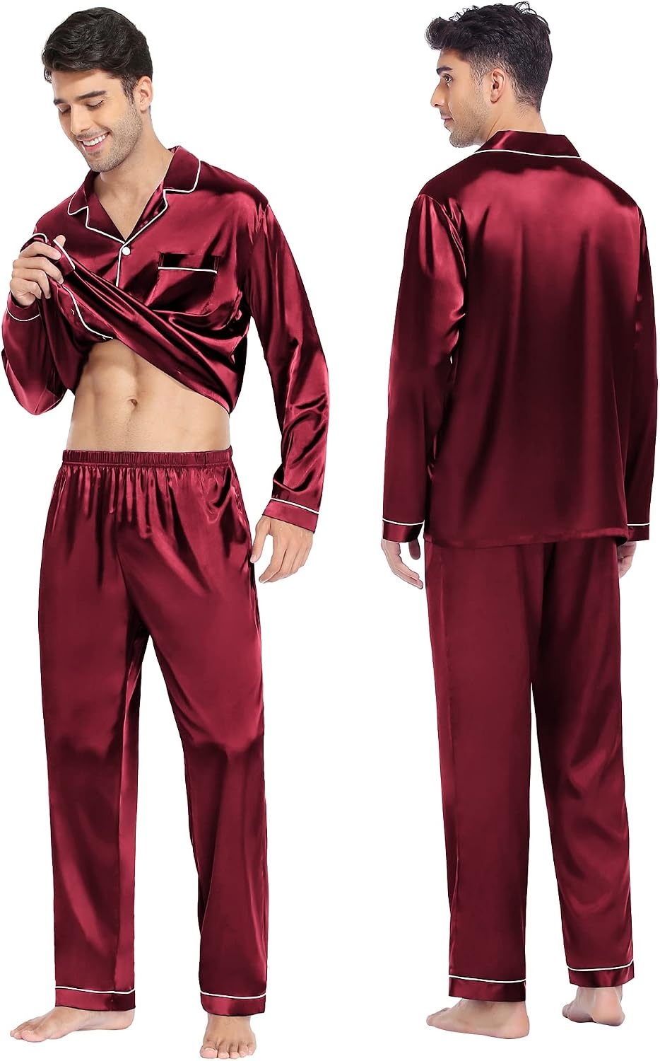 image:imageSWOMOG Family Matching Pajamas Set Silk Satin Button Down Sleepwear Long Sleeve Nightwear 2 Pcs Pj Set SXXLWine Red