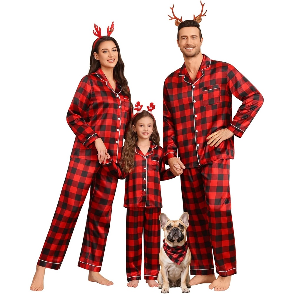 image:imageSWOMOG Family Matching Pajamas Set Silk Satin Button Down Sleepwear Long Sleeve Nightwear 2 Pcs Pj Set SXXLRed With Black Grid