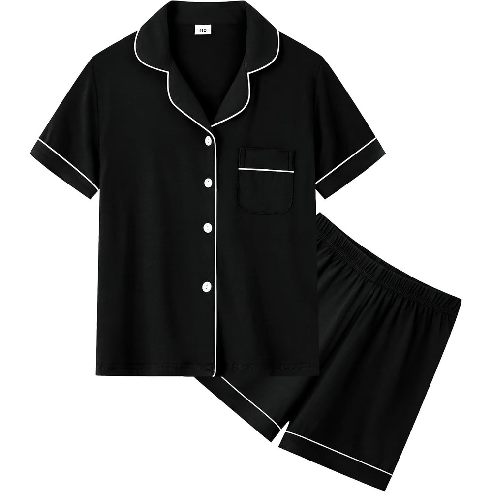 image:imageSWOMOG Unisex Girls Boys Soft Pajamas Set ButtonDown PJs Short Sleeve Sleepwear Toddler Cute Lounge Sets Black