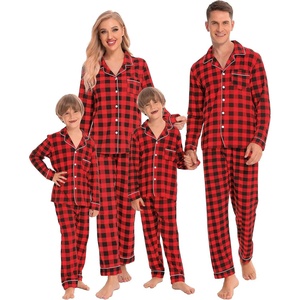 SWOMOG Family Christmas Pajamas Set Women & Men Long Sleeve Sleepwear Party Pj Sets Button-Down Loungewear Set Red With Black Grid 140